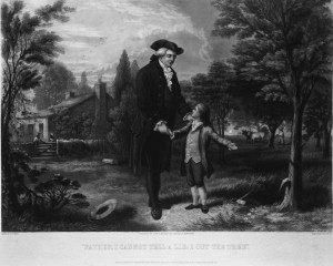 George Washington confesses to his father. Image: 1867 lithograph by John C. MacRae after painting by G.G. White. Public domain. (Tree is starting to feel much better, thanks.)