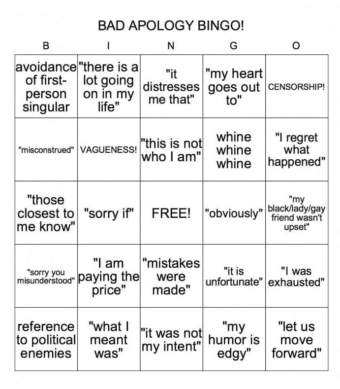bad apology bingo!