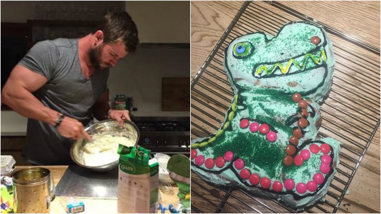 Chris Hemsworth and his biceps making a dino cake for his daughter's b-day