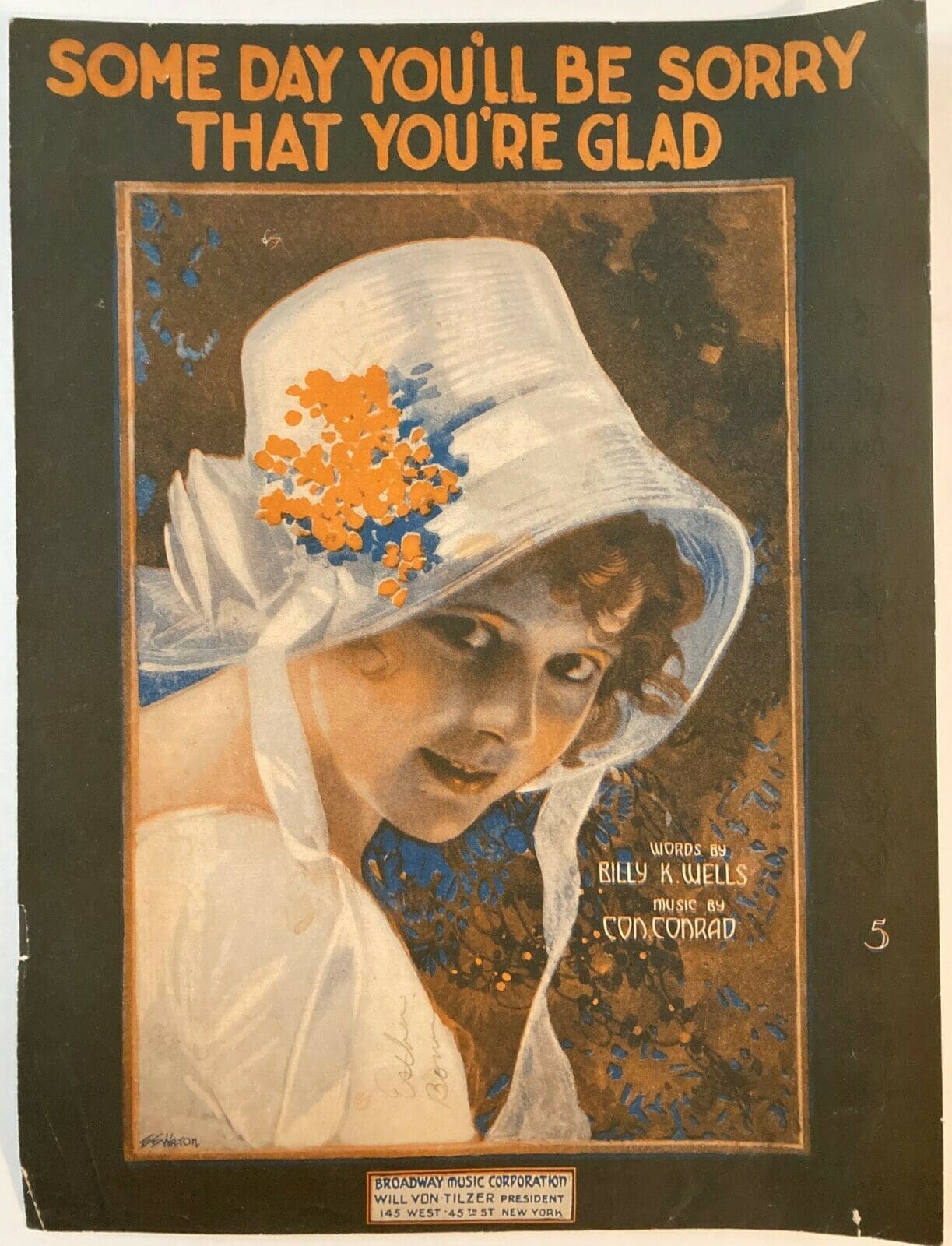 A vintage illustration on the cover of a piece of sheet music depicts a woman peeking out from under the brim of a huge hat, smiling with teeth bared, looking honestly murdery.