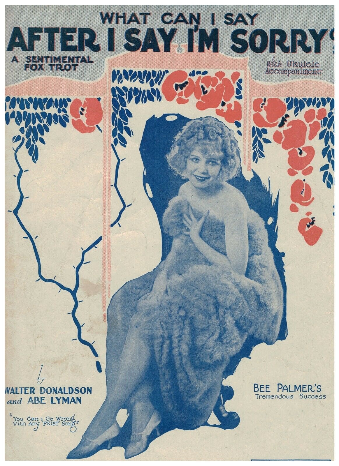 A vintage photo on the cover of a piece of sheet music depicts a flapper-looking woman in a bare-shouldered, frothy gown, clutching a hand to her bosom and smiling (maybe sadly? maybe ominously?) at the camera