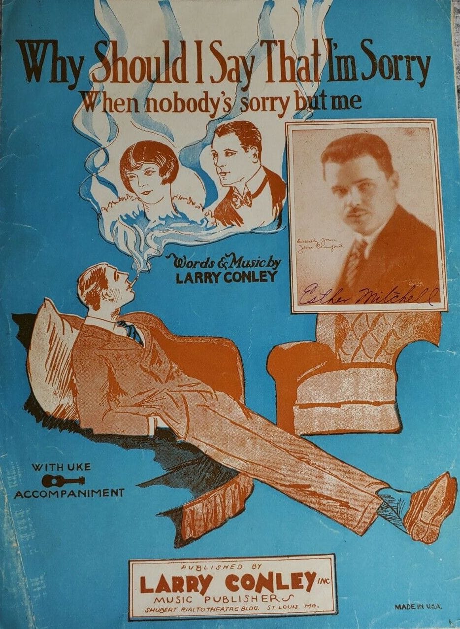 A vintage illustration on the cover of a piece of sheet music depicts a man lounging and smoking; in the smoke we see a man and a woman in evening clothes. An inset photo shows a man with slicked back hair and a mustache looking off to the side