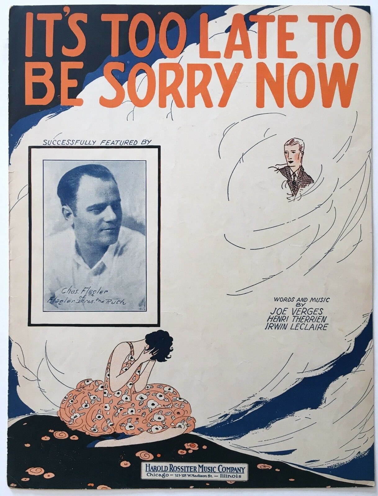 A vintage illustration on the cover of a piece of sheet music depicts a woman with bobbed hair, in a beautiful peach floral narrow-strapped dress, face hidden in her hands. Above her is a huge cloud, and in it is a small image of a forlorn-looking man.