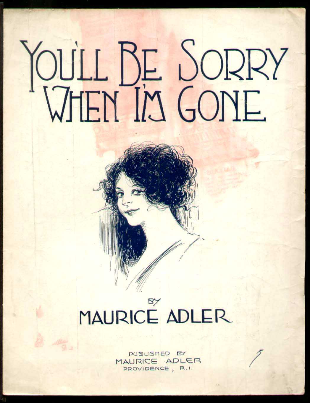 A vintage illustration on the cover of a piece of sheet music depicts a woman with messy hair, a long neck and long eyelashes, smirking at the viewer. The cover is black and white except for some pink smearing that probably are stains but might be part of the illustration; it's not clear. 