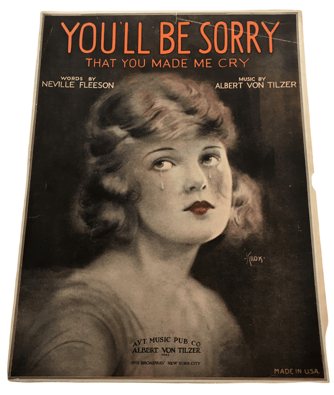 A vintage illustration on the cover of a piece of sheet music depicts a woman with bobbed hair looking up and away from the viewer, two tears rolling down her cheeks. The illustration is mostly in grays with a hint of pink, but her lipstick is very red. 