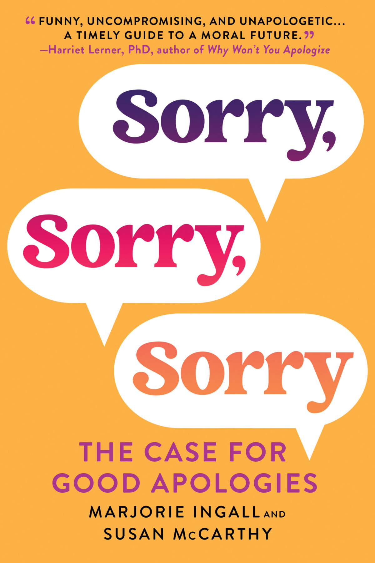 picture of book cover, which is orange, with the title Sorry, Sorry, Sorry in gradient purple, fuchsia, and darker orange. 