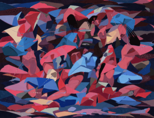 Bright, kinetic, semi-abstract painting, mostly in pinks, reds, blues, and black, by Oscar Howe (Yanktonai Dakota, 1915–1983), called Dance of the Heyoka, 1954. The image shows colorful shapes and faces, hair, and bodies in motion. At the Portland Art Museum.