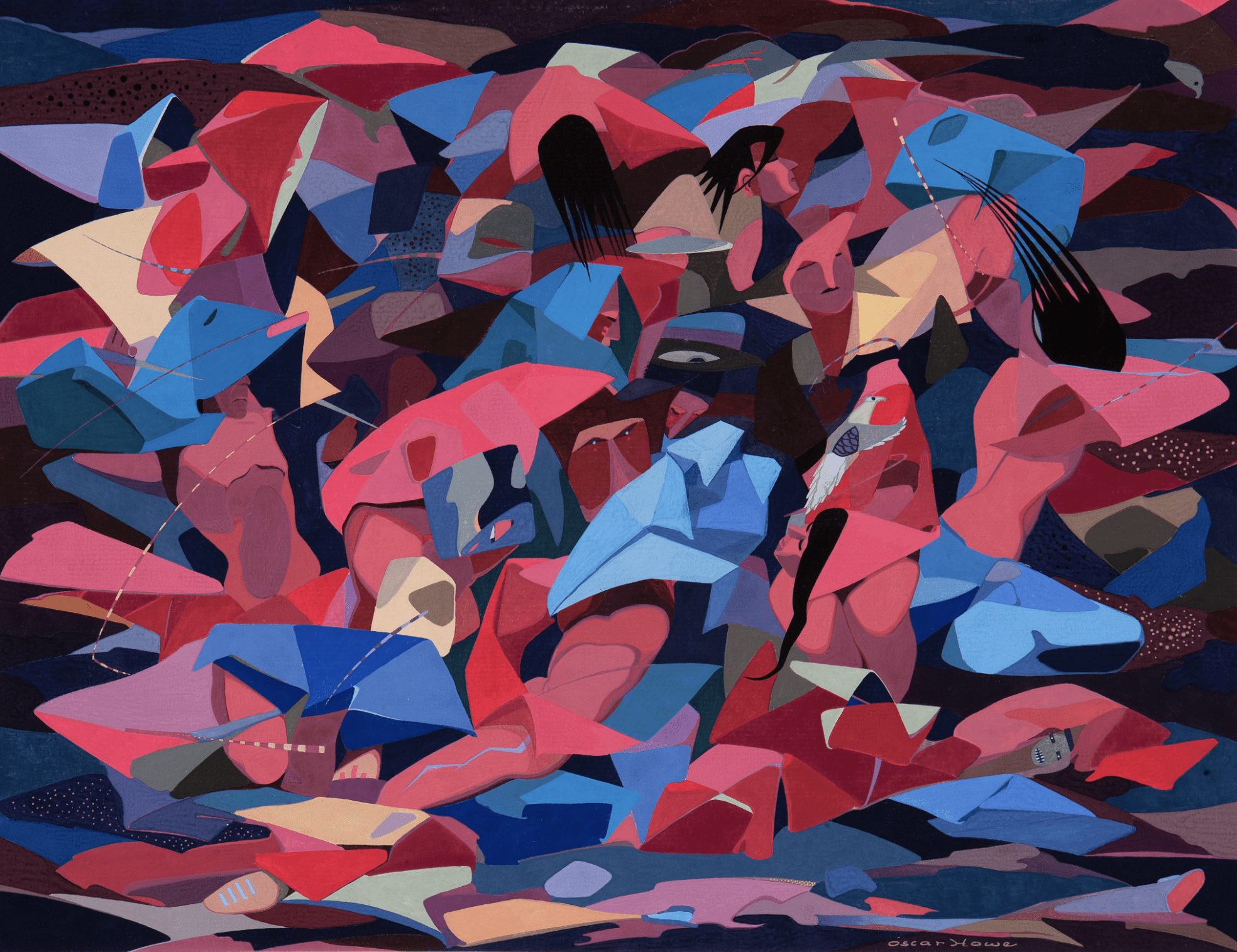 Bright, kinetic, semi-abstract painting, mostly in pinks, reds, blues, and black, by Oscar Howe (Yanktonai Dakota, 1915–1983), called Dance of the Heyoka, 1954. The image shows colorful shapes and faces, hair, and bodies in motion. At the Portland Art Museum.