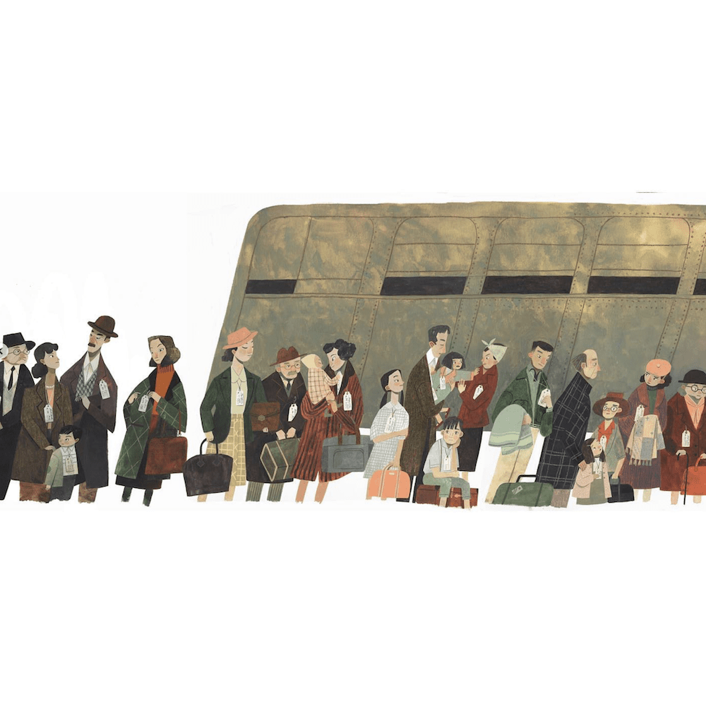illustration of Japanese Americans waiting with their luggage to board an ominous-looking train to take them to a prison camp.