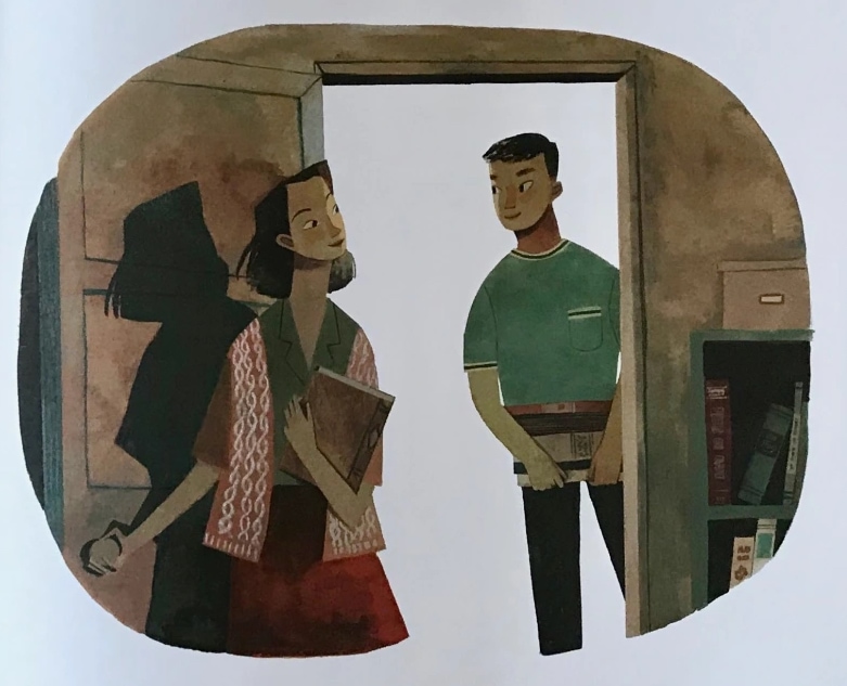 Charming illustration of a young Asian American woman standing in an open doorway with a tall young Asian American man. They're both holding books and smiling into each other's eyes. He's wearing a green ringer tee with a pocket, and she's wearing what looks like a red and white scarf over an olive collared blouse and red skirt.