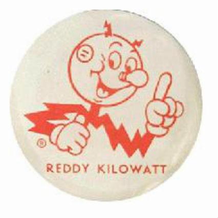 image of vintage Reddy Kilowatt button. Reddy Kilowatt is a cartoon character first seen in 1926 and used to represent electricity in the USA and all over the world. 