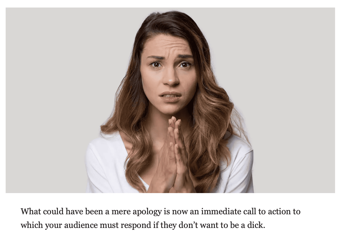 image from Onion article featuring a photo of a young woman making a beseeching face, her palms pressed together in supplication, with the text, 