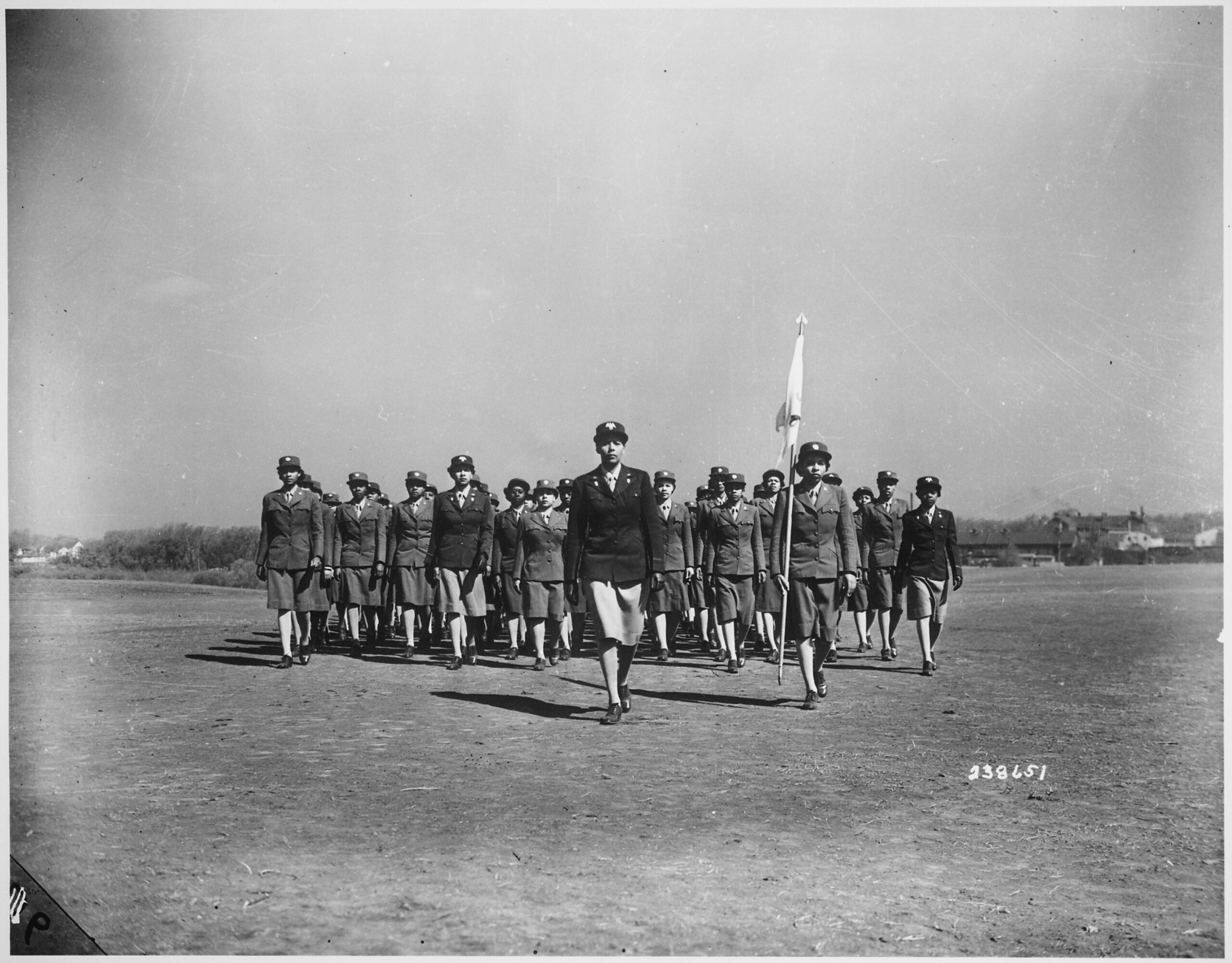 Captain Charity Adams drilling her company at Fort Des Moines, Iowa, May 1943.