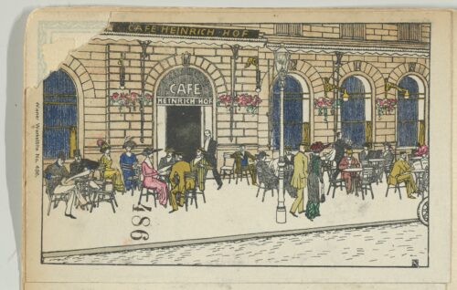 1912 exterior scene of the Cafe Heinrichhof in Viennae