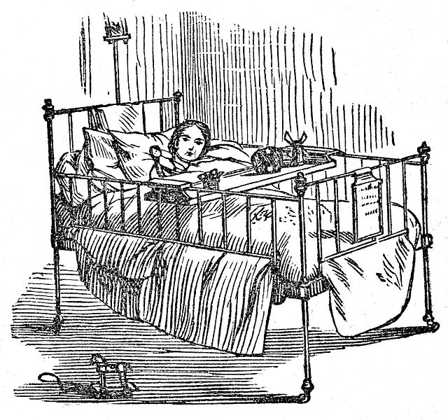 1870 print of a child in a hospital cot.